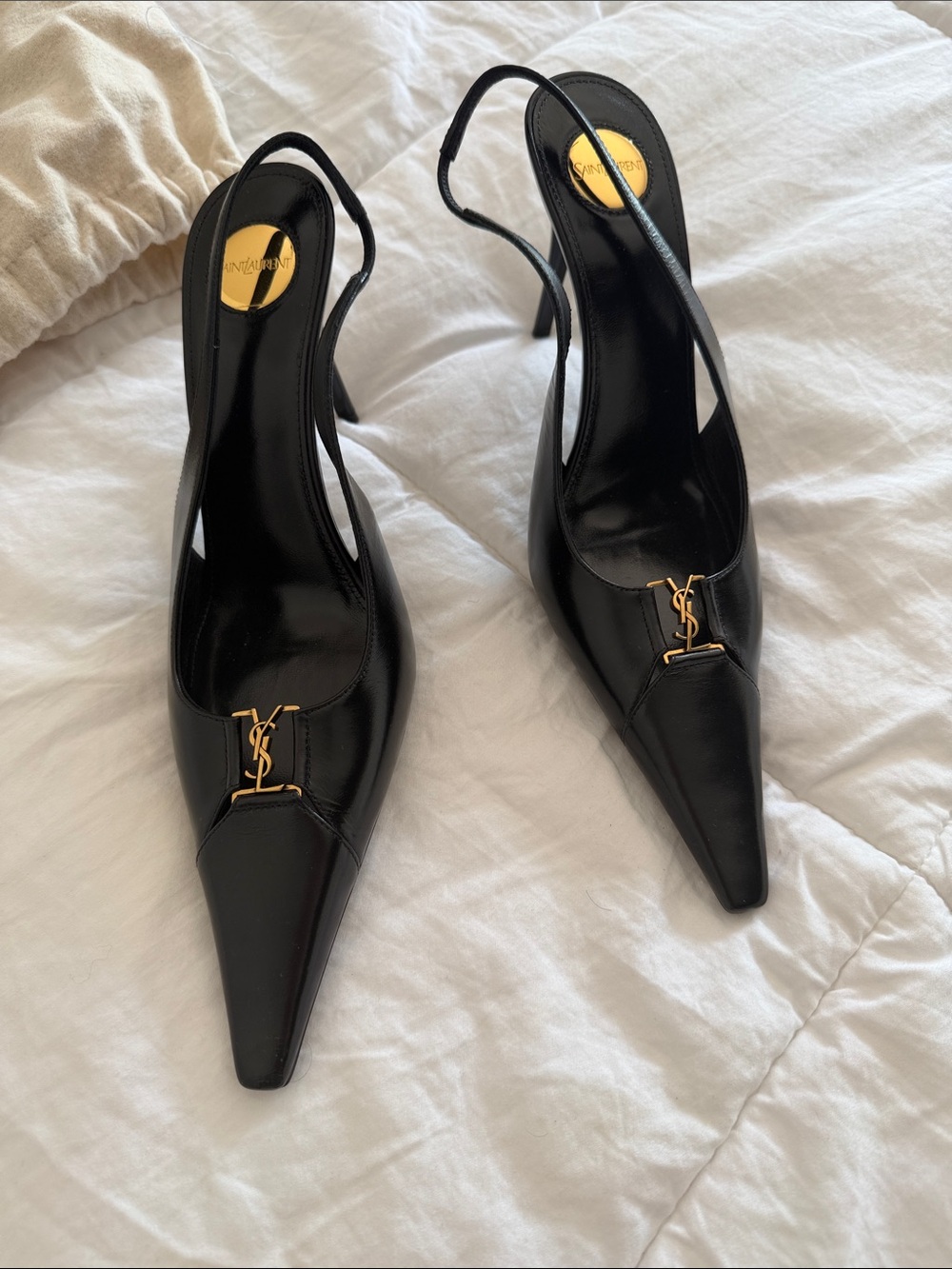 Saint Laurent Black Leather Pointed Slingback Pumps with Gold YSL Charm